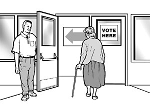 image showing a door to a polling place being held open by staff