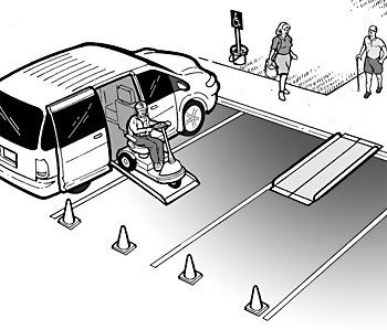 image showing a person using a scooter getting out of van at a temporary van parking space marked with traffic cones to create a  parking space and access aisle