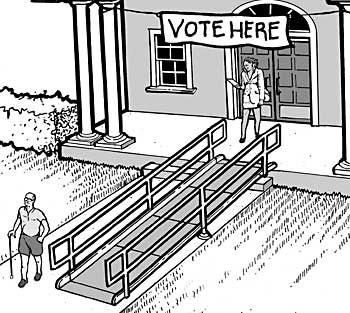 image showing a temporary ramp installed at the entrance to a polling place