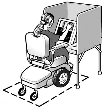 image showing a woman using a power wheelchair pulling up to an accessible voting machine