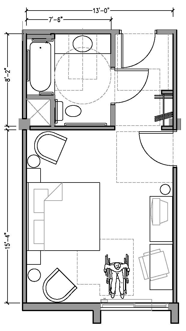 PLAN 1a:ACCESSIBLE 13 foot wide hotel room based on 2004 ADAAG.