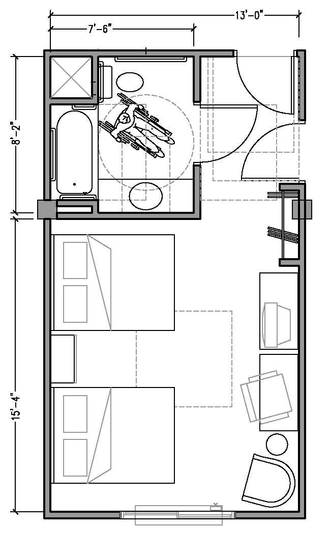 PLAN 1b: ACCESSIBLE 13 ft wide hotel room based on 2004 ADAAG.