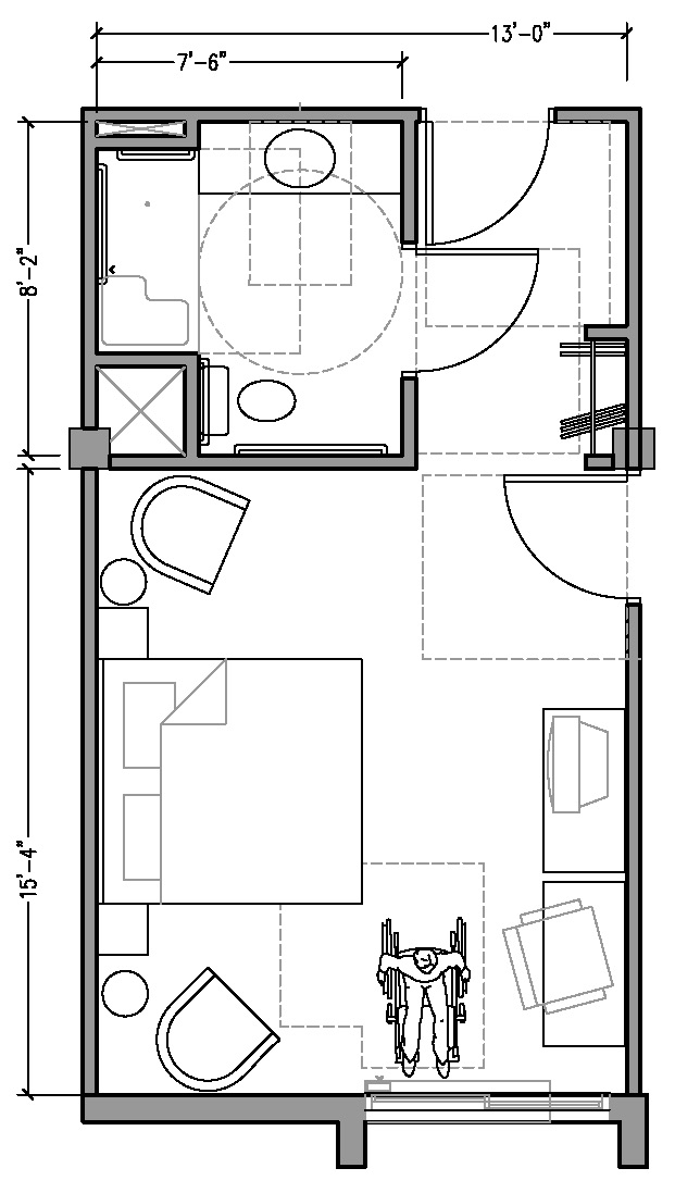PLAN 2a: ACCESSIBLE 13 ft wide hotel room based on 2004 ADAAG.