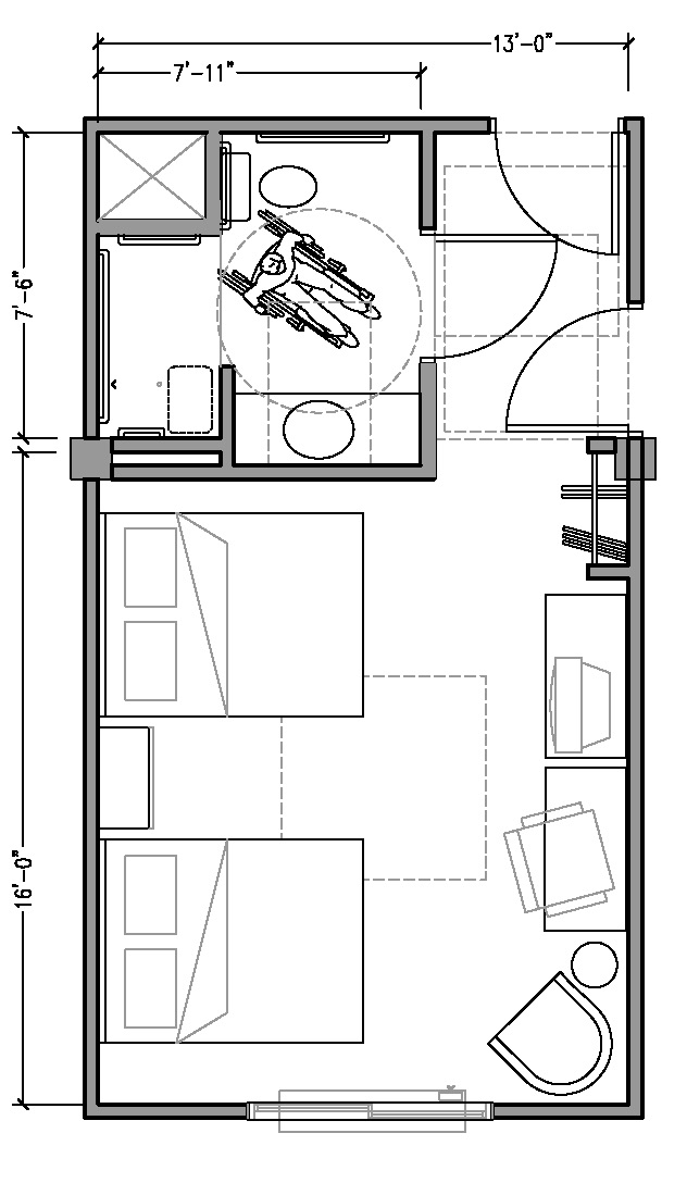 PLAN 2b: ACCESSIBLE 13 ft wide hotel room based on 2004 ADAAG.