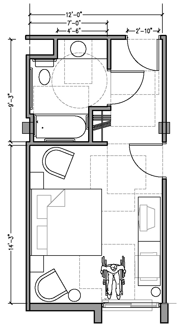 PLAN 3a: ACCESSIBLE 12 ft wide hotel room based on 2004 ADAAG.