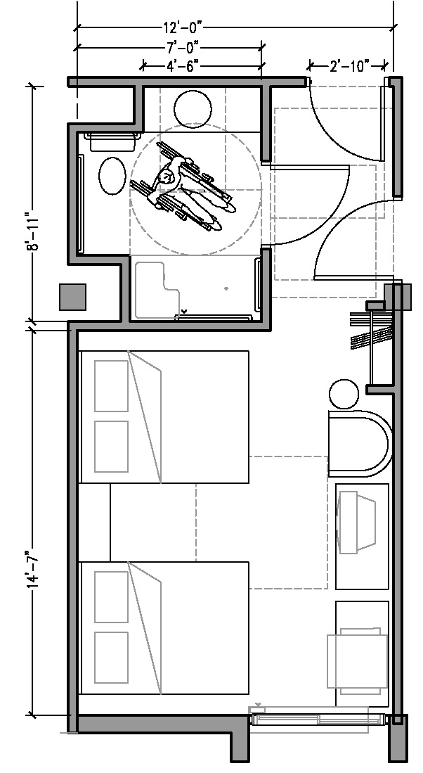 PLAN 3b: ACCESSIBLE 12 ft wide hotel room based on 2004 ADAAG.