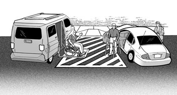 Illustration: Use of access aisle between two accessible parking spaces with people getting out of vehicles into it