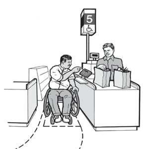 Illustration: Man who uses wheelchair checks out of grocery store