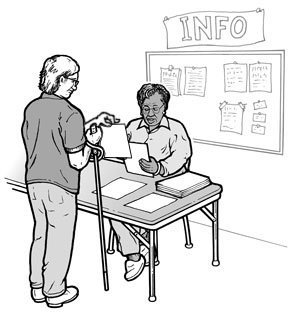 Illustration: Seated registration desk worker provides Braille materials to man who is blind and uses a cane.