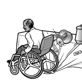 Illustration: man who uses wheelchair catches wheel in tablecloth and spills soup cauldron