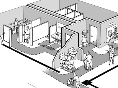 Illustration: Overhead view of accessible restroom and surrounding area.