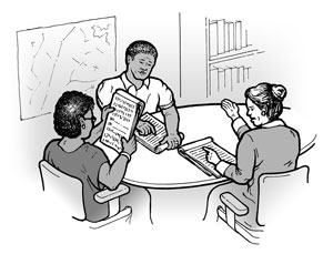 Illustration: Two people seated at a table refer to agendas while a third seated person speaks.