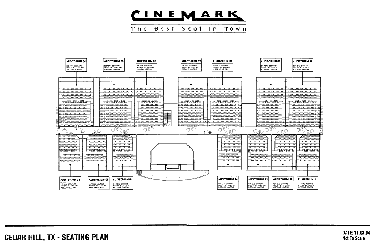 Seating plan for a 14-auditoria theater complex, Cinemark 14, Cedar Hill, Texas.