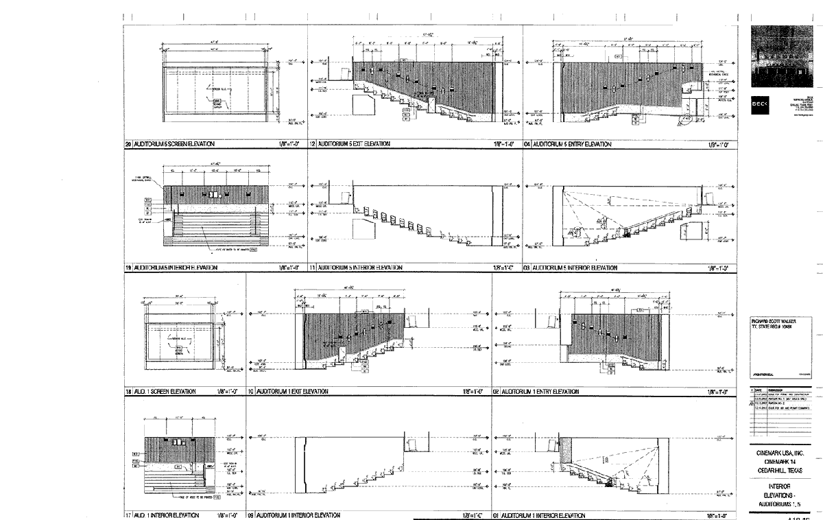 Interior Elevations for Cinemark 14, Cedar Hill, Texas, Auditoria 1 and 5. 