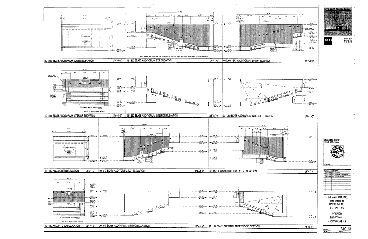 Interior Elevations for Cinemark 14, Denton, Texas, 260 seat auditorium and 117 seat auditorium, Auditoria 1 and 5.
