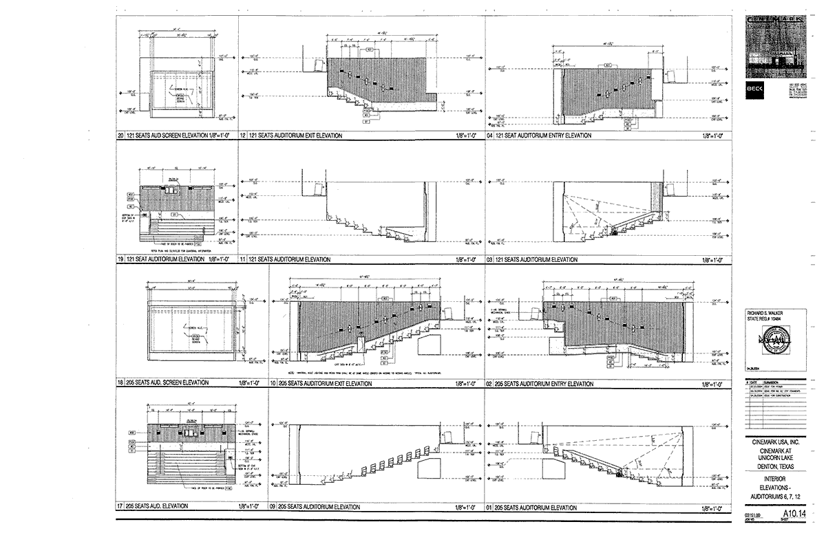 Interior Elevations for Cinemark 14, Denton, Texas, 121 seat auditorium and 205 seat auditorium, Auditoria 6, 7 and 12.
