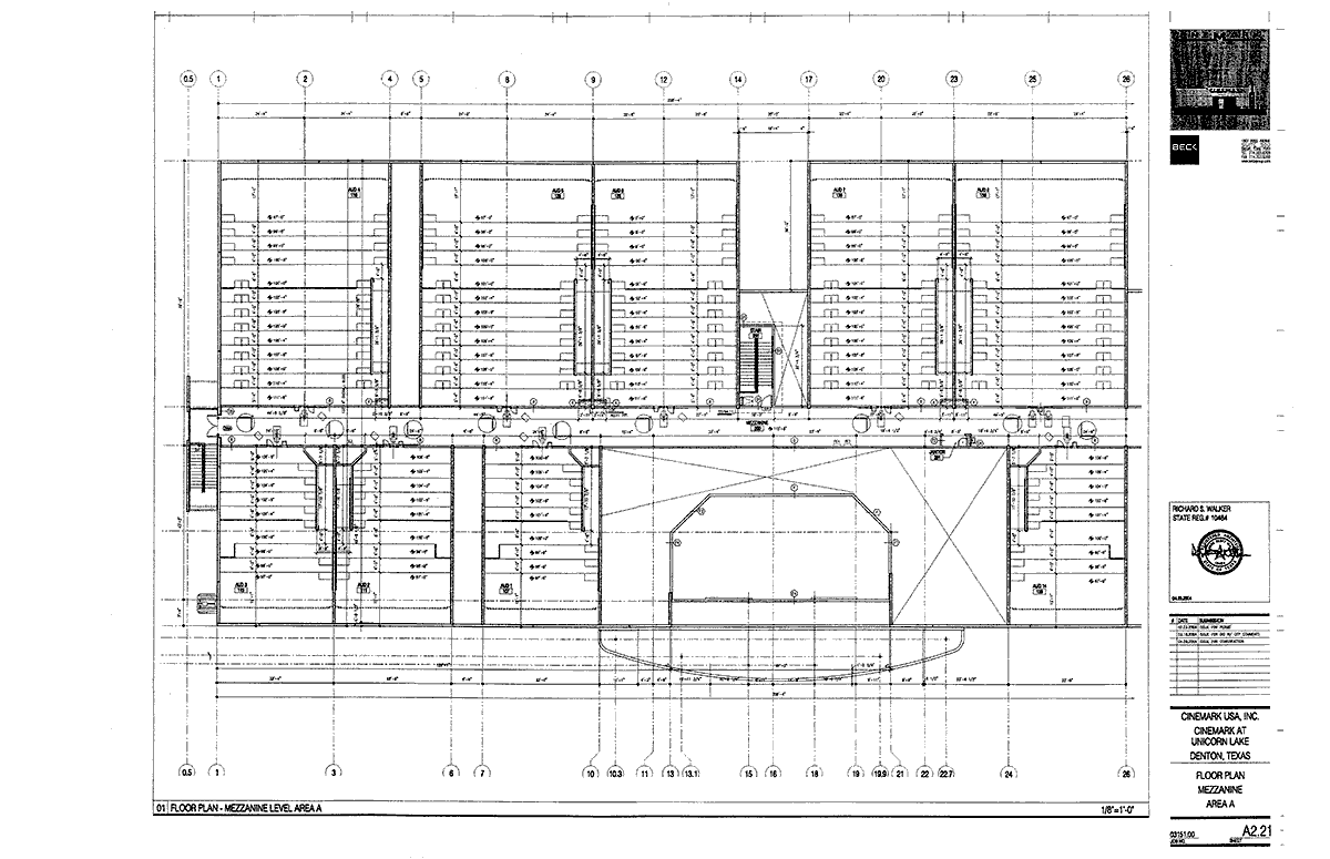 Floor plan for Cinemark 14, Denton, Texas, Mezzanine Area A, Auditoria 1 to 8 and Auditorium 14.