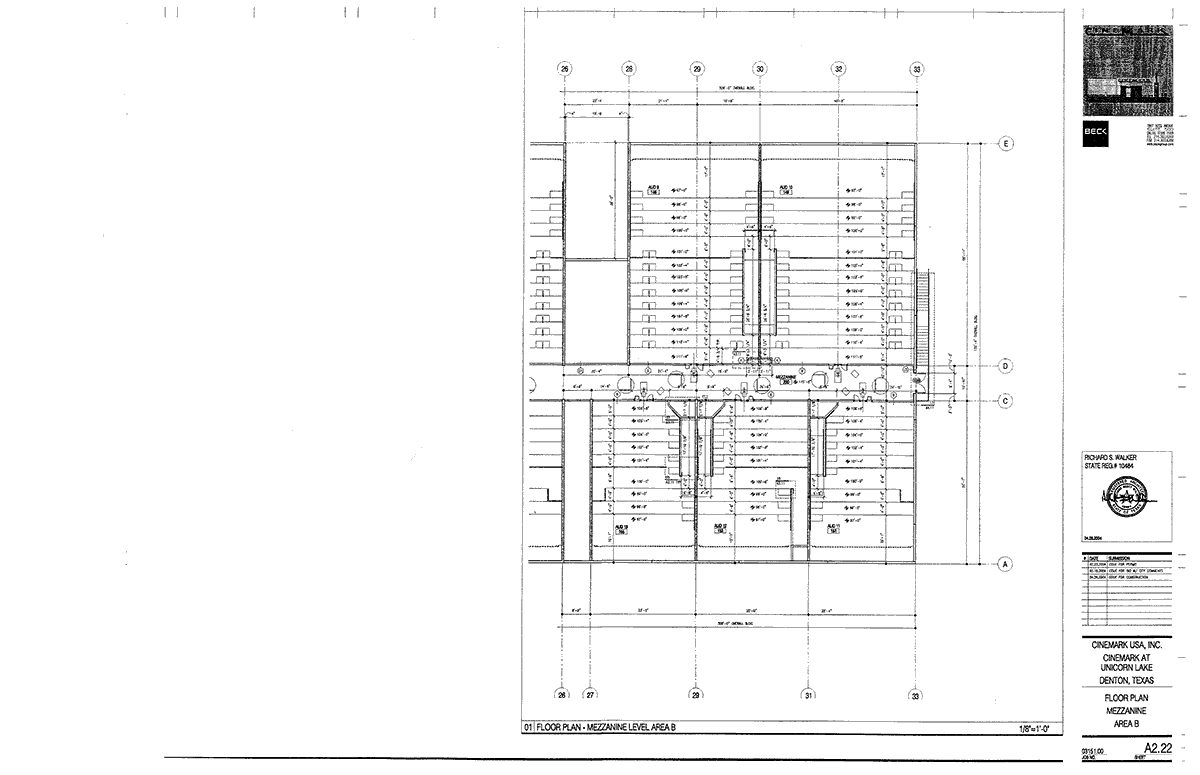 Floor plan for Cinemark 14, Denton, Texas, Mezzanine Area B, Auditoria 9 to 13.