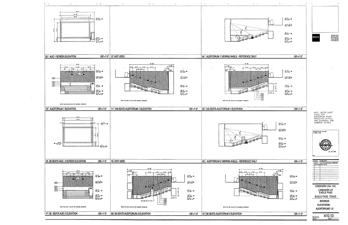 Interior Elevations for Cinemark 7, Eagle Pass, Texas, Auditoria 1 and 2.