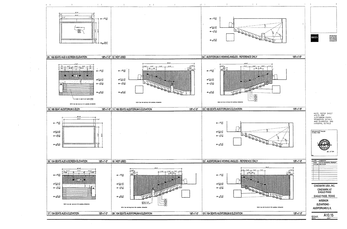 Interior Elevations for Cinemark 7, Eagle Pass, Texas, Auditoria 5 and 6.
