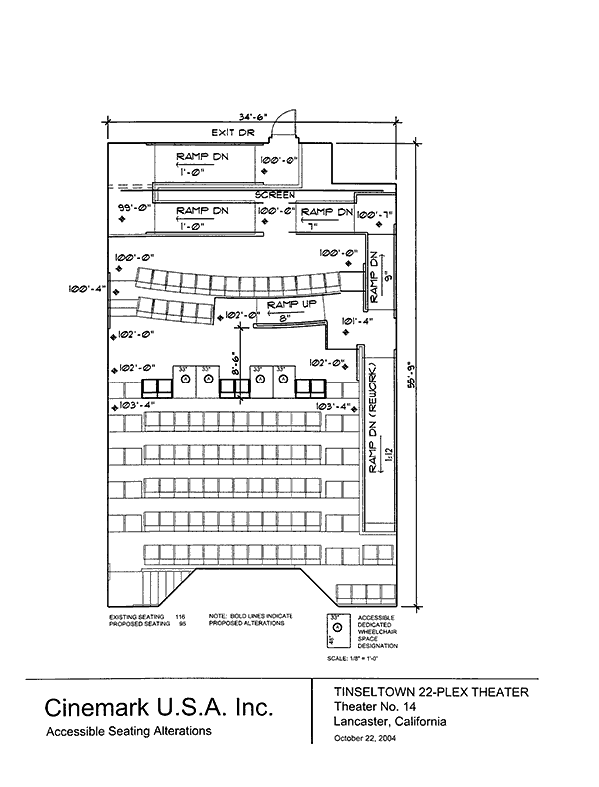 Seating plan for Tinseltown 22, Lancaster, California, Auditorium 14.