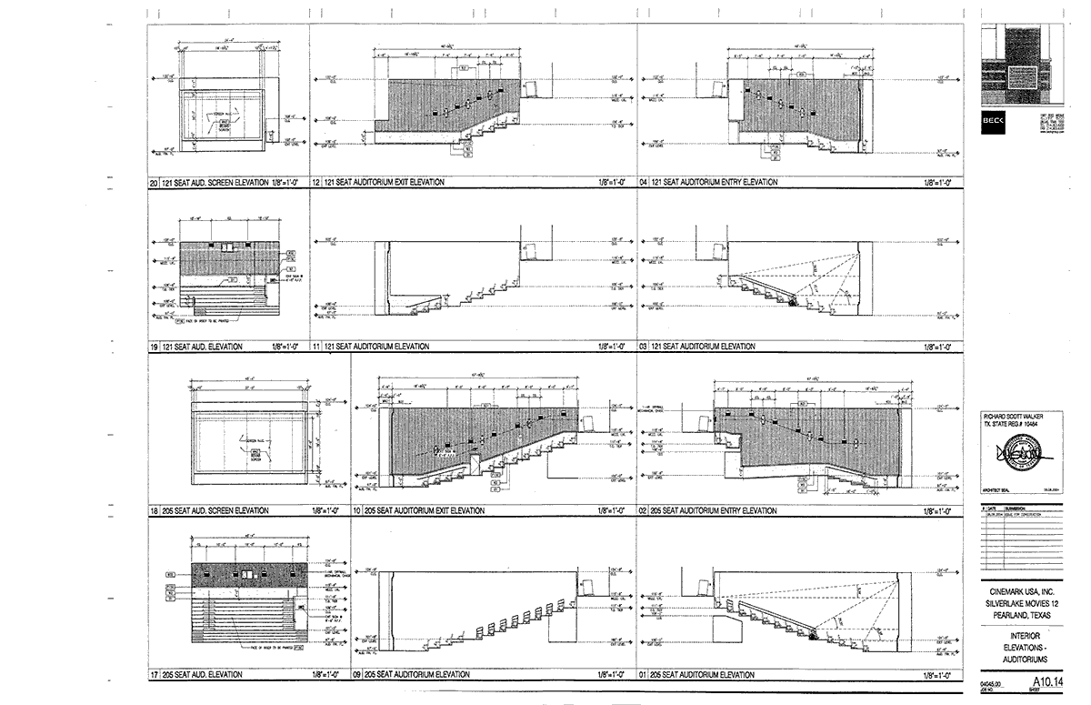 Auditorium Elevations for Silverlake Movies 12, Pearland, Texas, 121 seat auditorium and 205 seat auditorium.