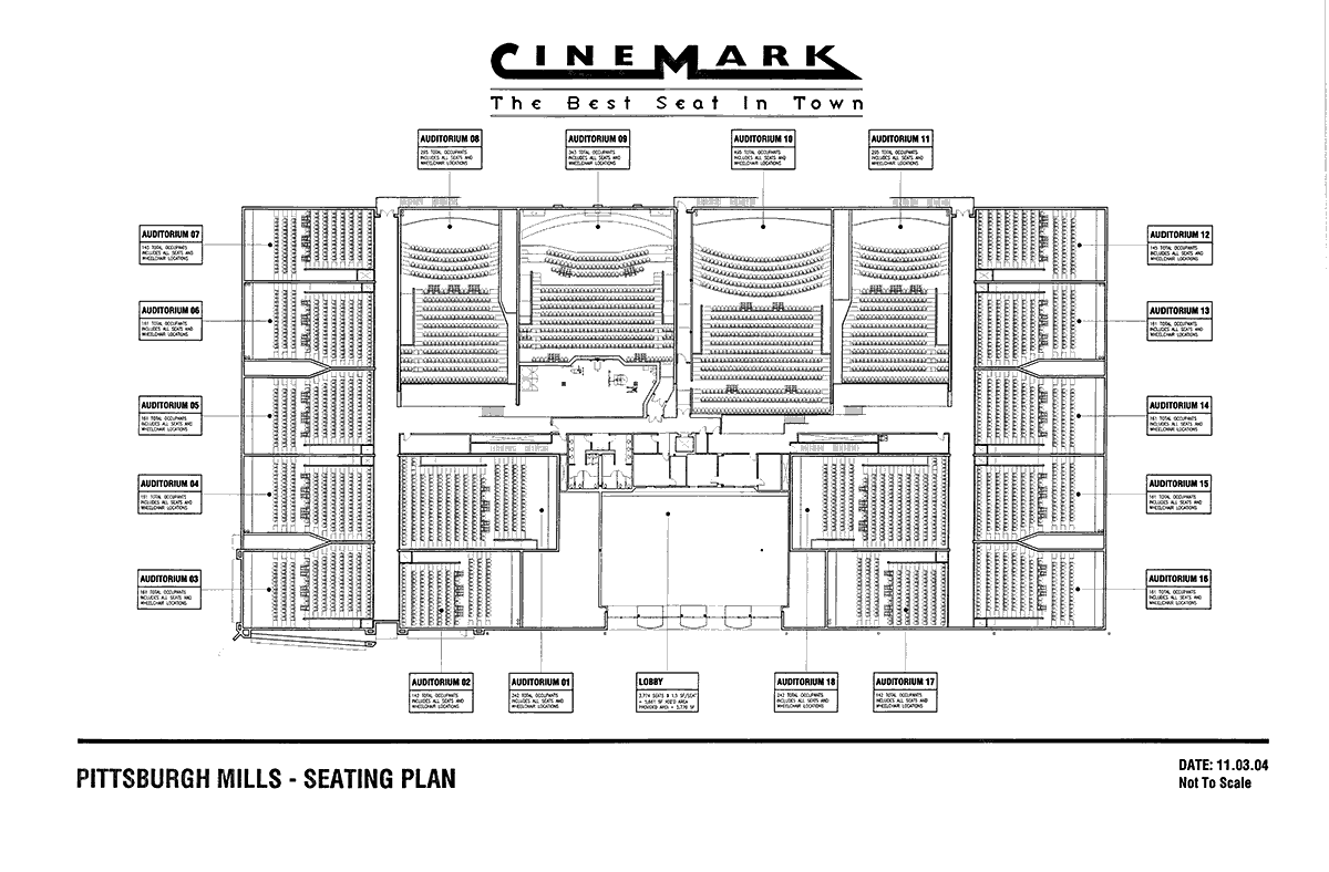 Seating plan for a 18-auditoria theater complex, Cinemark 18, Pittsburgh, Pennsylvania.