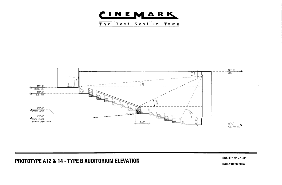 Auditorium Elevation for a prototypical “type B” auditorium for 12-auditoria and 14-auditoria theater complexes.