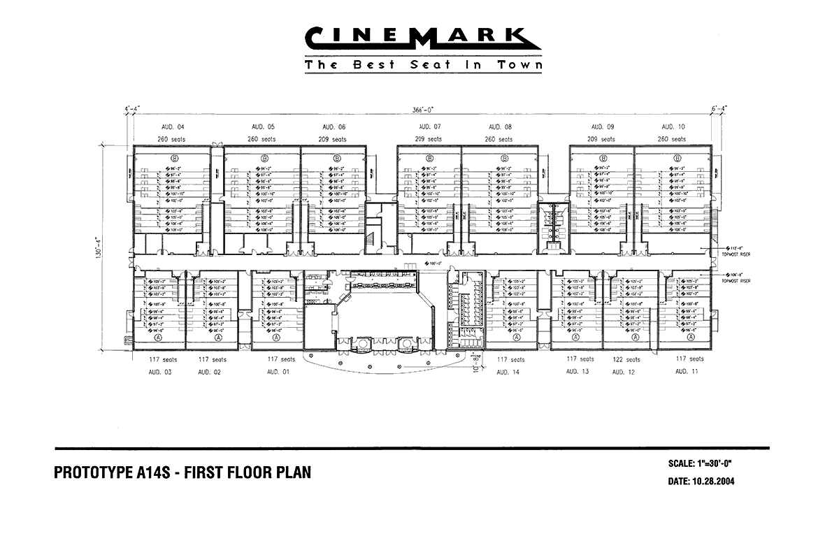 First floor plan for a prototypical 14-auditoria theater complex which consists “type A” and “type B” auditoria.