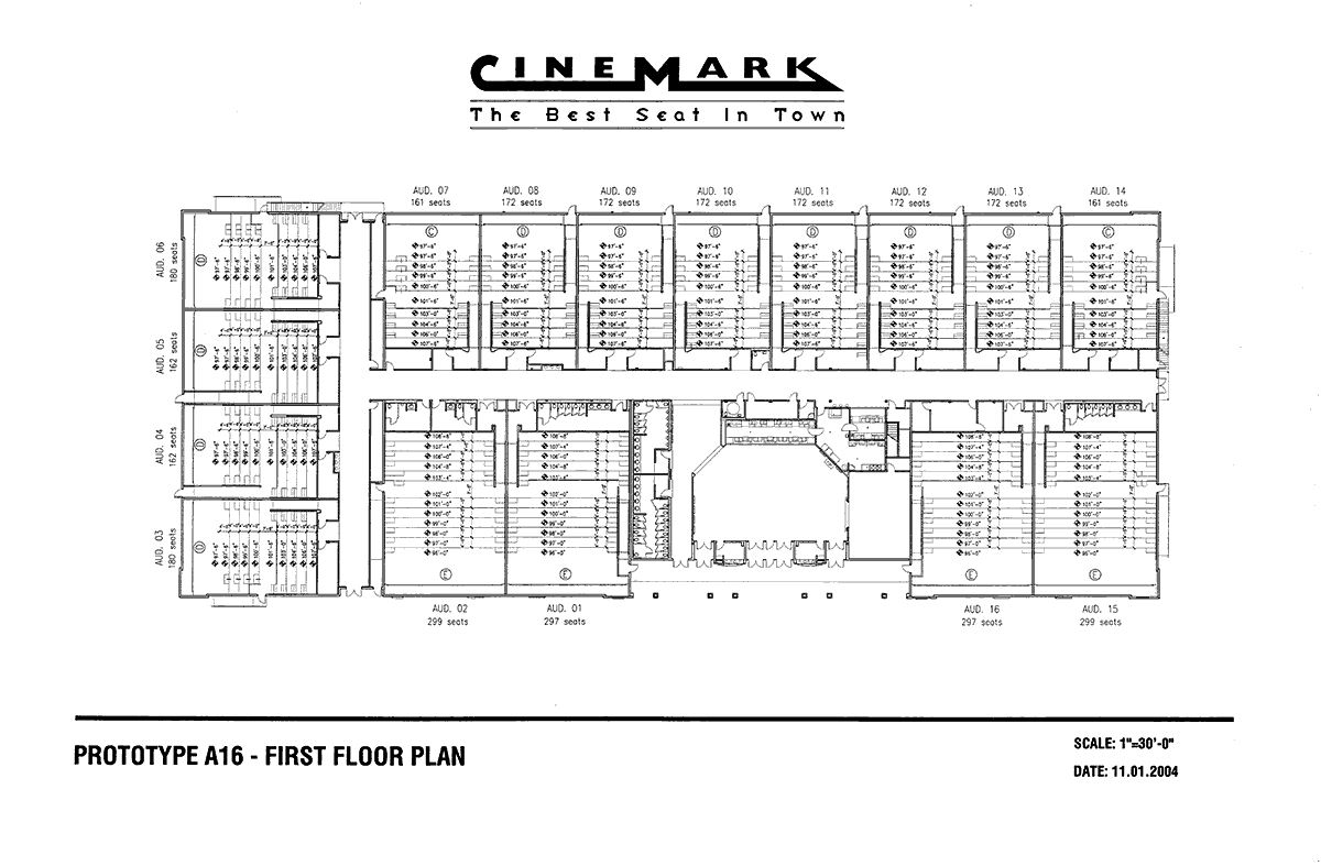 First floor plan for a prototypical 16-auditoria theater complex which consists “type C”, “type D”, and “type E” auditoria.
