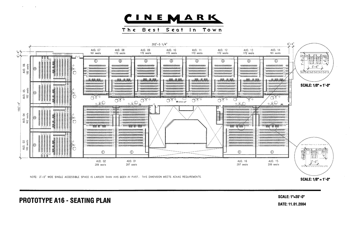 Seating plan for a prototypical 16-auditoria theater complex which consists “type C”, “type D”, and “type E” auditoria. 