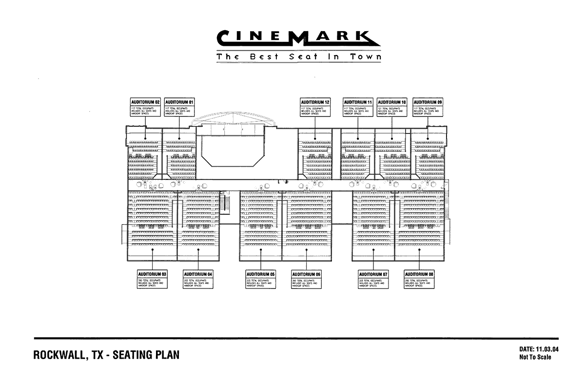 Seating plan for a 12-auditoria theater complex, Cinemark 12, Rockwall, Texas.