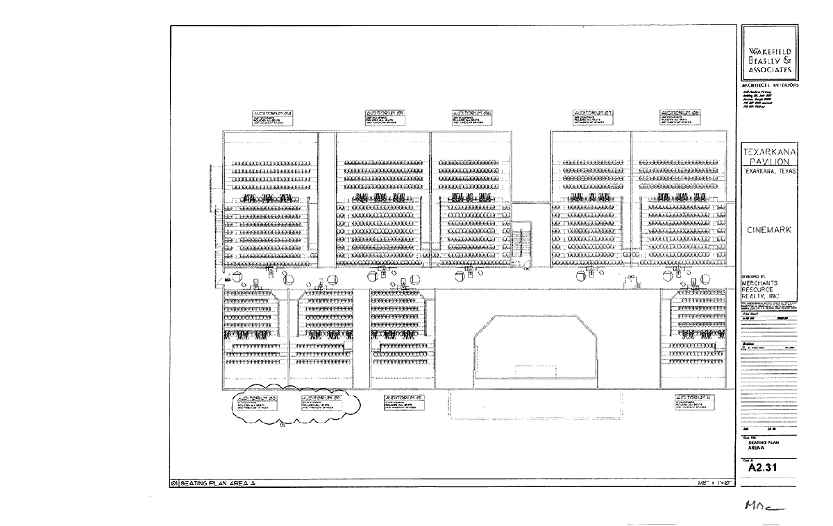 Seating plan for Cinemark 14, Texarkana, Texas, Area A, Auditoria 1 to 8 and Auditorium 14.
