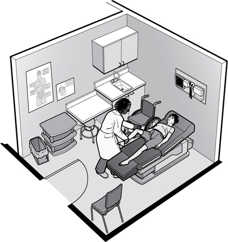 Illustration showing doctor in exam room with woman lying on exam table.  A wheelchair is parked beside the exam table.