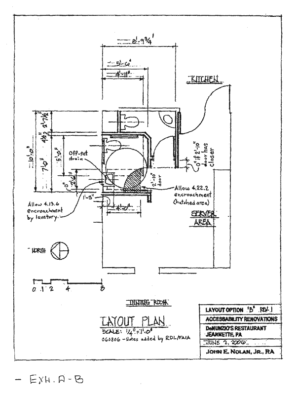 Line drawing showing a plan for a single-user toilet room with accessible features and a second smaller single-user toilet room without accessible features