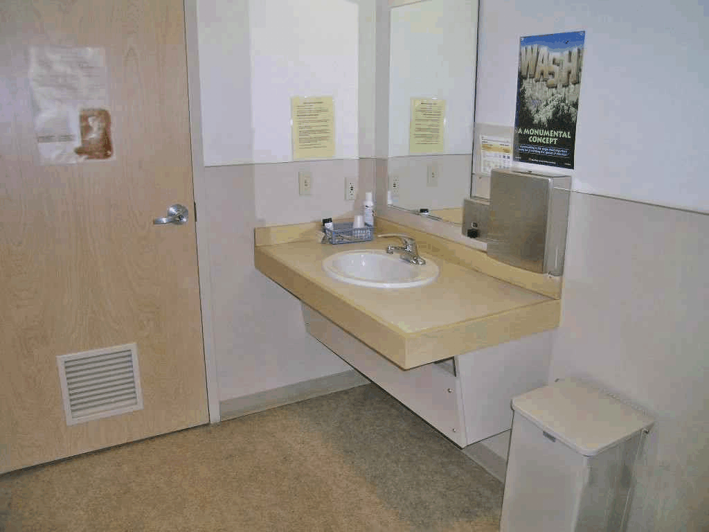 Toilet room in which door swings into lavatory's clear floor space