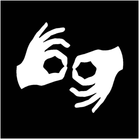 Pictogram of two hands, each with thumb and index finger touching, in sign language handshape for the word interpret, accompanied by written English words sign language interpreter followed by a question mark