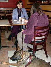 woman with service animal in restaurant with another woman