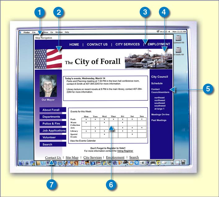 demonstration image of City of Forall website with notes for accessible features