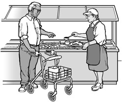 At a self-serve food bar, a staff person is preparing a tray of food for a customer using a walker.