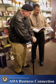 Photo: two older adults in a magazine store; ADA business connection logo 