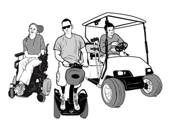 drawing of a woman in a power wheelchair, a man on a Segway<sup>®</sup>, and a man sitting in a golf car