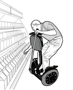 drawing of a man using a Segway<sup>®</sup> reaching for an item in a grocery store cooler