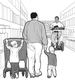 drawing of a man with two small children and a man using a Segway<sup>®</sup> passing in a store aisle