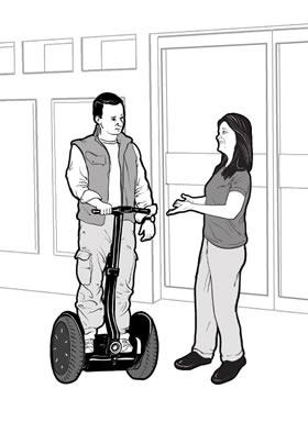 drawing of a store employee having a conversation with a man using a Segway<sup>®</sup>