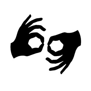 Pictogram of two hands, each with thumb and index finger touching, in sign language handshape for the word interpret