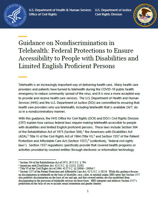 image of the first page of the guidance on nondiscrimination in telehealth