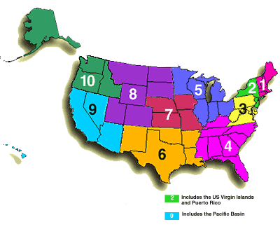 map of USA with 10 regions noted by color