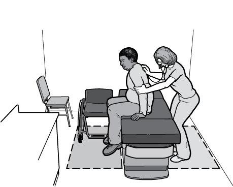 Illustration of patient sitting on adjustable height exam table next to a nurse performing an exam.  A wheelchair is parked beside the exam table. 