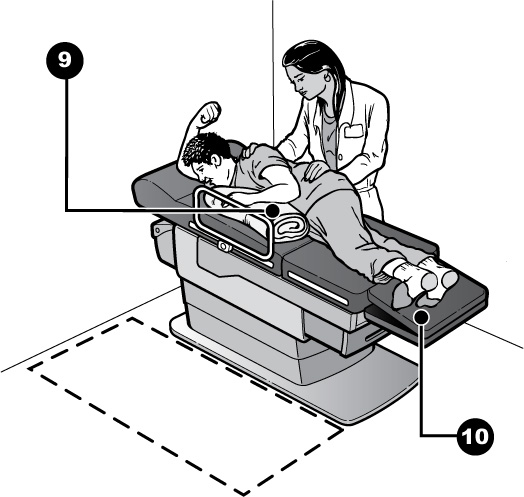 Drawing showing a woman lying on her side on an exam table and being examined by a doctor. 